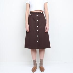Vintage 1970s Brown High Waist Button Down Midi Skirt S/M